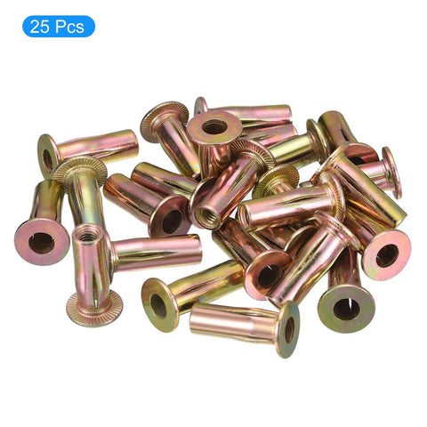 Rock Solid Pre Bulbed Shank Rivet Nut Kit With 25 Pcs Zinc Plated Carbon Steel Threaded Inserts featuring flat heads laid out on a surface.