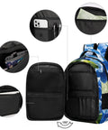 Open view of Spacious Unisex Backpack With Blue Hydrangea Print For Summer Garden Vibe, showing pockets and storage compartments.