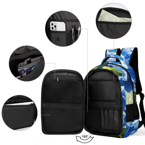Open view of Spacious Unisex Backpack With Blue Hydrangea Print For Summer Garden Vibe, showing pockets and storage compartments.