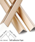Sharp Matte Gold Peel And Stick Corner Guards Shield Walls And Drywall Hassle Free Heavy Duty Aluminum L Trim With Strong Adhesive 90 Degree Edge Protectors Quick Room Refresh Set Of 3 close-up of aluminum corner guards with dimensions shown.