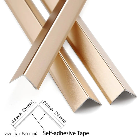 Sharp Matte Gold Peel And Stick Corner Guards Shield Walls And Drywall Hassle Free Heavy Duty Aluminum L Trim With Strong Adhesive 90 Degree Edge Protectors Quick Room Refresh Set Of 3 close-up of aluminum corner guards with dimensions shown.