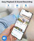 User holding phone showing Outdoor WiFi Security Camera 5MP HD Plug In Night Vision Motion Detection Smart Alerts app interface.