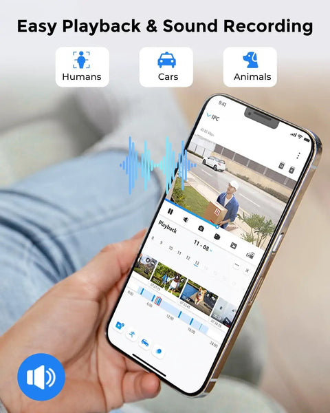 User holding phone showing Outdoor WiFi Security Camera 5MP HD Plug In Night Vision Motion Detection Smart Alerts app interface.