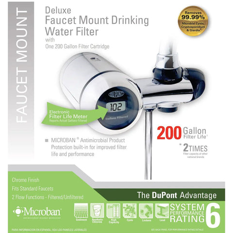 Electric Metered 200 Gallon Deluxe Faucet Mount Premium Water Filtration Filter Chrome With Easy Read Display on packaging