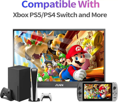 15.6 Inch Portable Monitor Fhd 1080P Usb Type C Hdmi IPS glare free gaming laptop external display showing characters from Mario game.