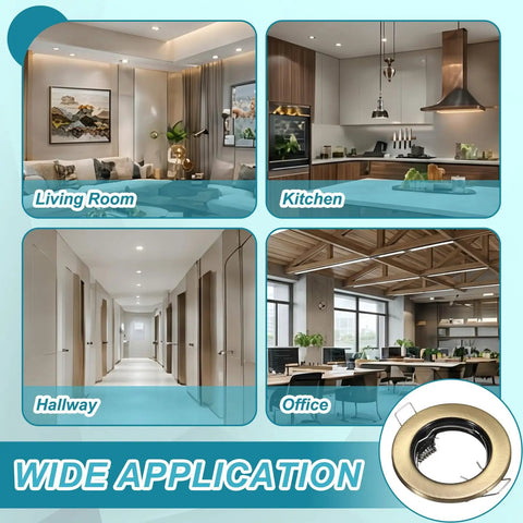 VIAPUICE GU10 Recessed Lighting Trims 2.1" Aperture with Spring Clip 2 Pcs in various room settings including living room, kitchen, hallway, and office.
