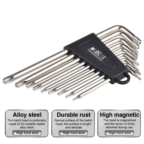 Long Arm Torx Hex Key Set With 9 Sizes T6 T7 T8 T9 T10 T15 T20 T25 T27 L Shaped Tamper Proof Star Wrenches in case