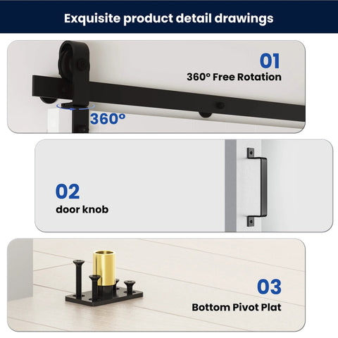Space Saving White Bifold Sliding Barn Door Kit 60x84 Inch With K Shaped Panel And Sliding Hardware detail drawings showing track, knob, and pivot