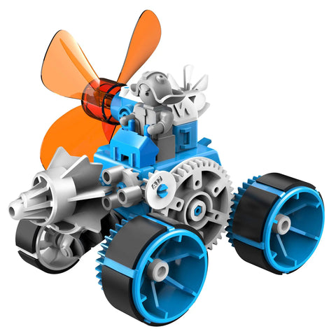 Wind Powered Bots 6 In 1 STEM Kit For Kids Hands On With Wind Technology Gear Ratios And More With Snap Together Pieces No Batteries Required Includes Surf Bot Walker Bot Drill Dozer Quadruped Flying Machine And Big Wheel Tricycle Full Color Manual model close-up