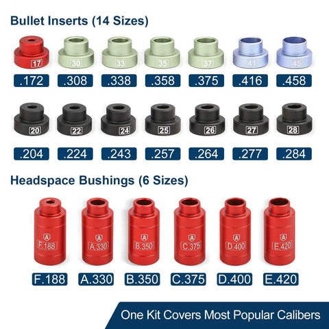 Bullet And Headspace Gauge Comparator Kit With 14 Inserts And 6 Bushings For Precise Reloading Across Calibers From.17 To.45
