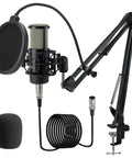 XLR Condenser Microphone Kit With 25mm Diaphragm For Streaming And Podcasting including boom arm, pop filter, and windscreen