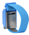 Close-up of the Pro Grade ESD Wrist Strap Kit For Electronics Must Have Adjustable Anti Static Bracelet in blue fabric with metal plate.