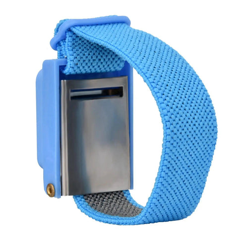 Close-up of the Pro Grade ESD Wrist Strap Kit For Electronics Must Have Adjustable Anti Static Bracelet in blue fabric with metal plate.
