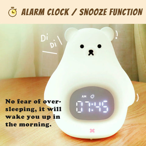 Alarm clock function on Cute Bear Night Light For Kids, soft BPA-Free silicone nursery lamp, USB rechargeable