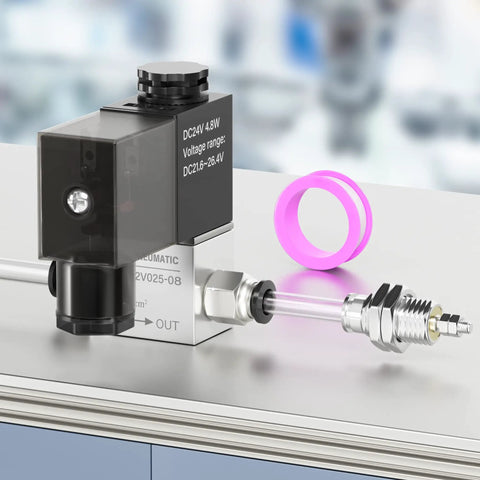 Compact Pneumatic Cylinder 10mm Bore 15mm Stroke Single Acting on workbench with connectors, focus on copper nickel plated body