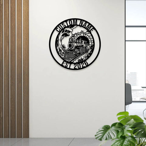 Custom Train Name Metal Wall Art With EST Year Vintage Steam Locomotive Sign for Train Lovers on white wall in office