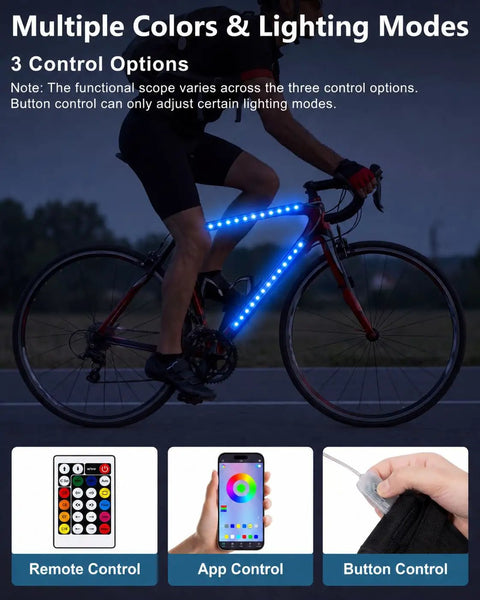 Cyclist with Colorful LED Bike Light Kit With Battery Box App And Remote Control Dope Color Lighting Modes For Night Riding