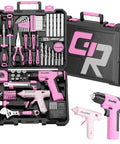 No Sweat Pink Cordless Drill 188 Piece Heavy Duty Tool Box For Women Home Repair Kit With Fast Charger, featuring pink tools and compact design.