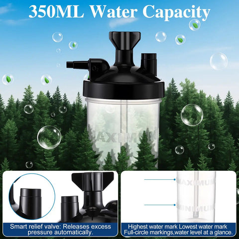 Two Pack Oxygen Humidifier Bottle With 6 LPM Flow And 12 Inch Adapter Tubing in forest setting, 350ml capacity highlighted