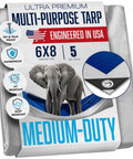 Packaging of Ultra Premium Multi-Purpose Tarp, 6x8 ft, 5 Mil thick, with elephant image and features like waterproof and UV resistant.