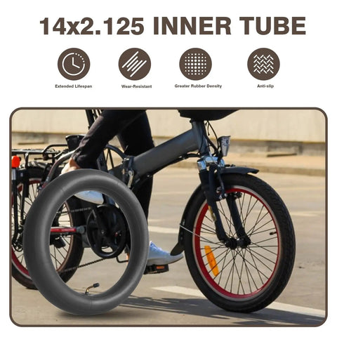 Beefy 14x2.125 Inner Tube For 14 Inch Scooter Tires Thickened Butyl Heavy Duty Replacement With 45 Degree Angled Valve Stem next to bike