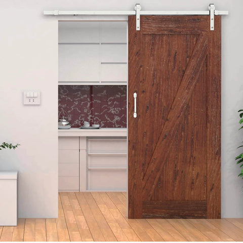 2 Pack Ultra Smooth Soft Close Barn Door Hardware Kit With Spring Buffer Damper Hole Free Track Quiet Close System installed on wood door