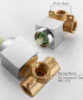 Wall Mount Shower Mixing Valve Kit brass body with chrome trim showing pilot hole detail, NPT 1/2 connection visible