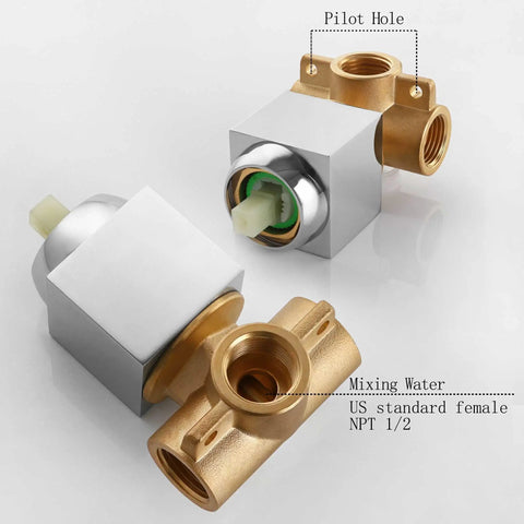 Wall Mount Shower Mixing Valve Kit brass body with chrome trim showing pilot hole detail, NPT 1/2 connection visible
