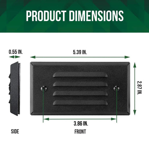 Dimensions of 12V 3W Surface Mount LED Step Light With Horizontal Louver Faceplate, side and front views.