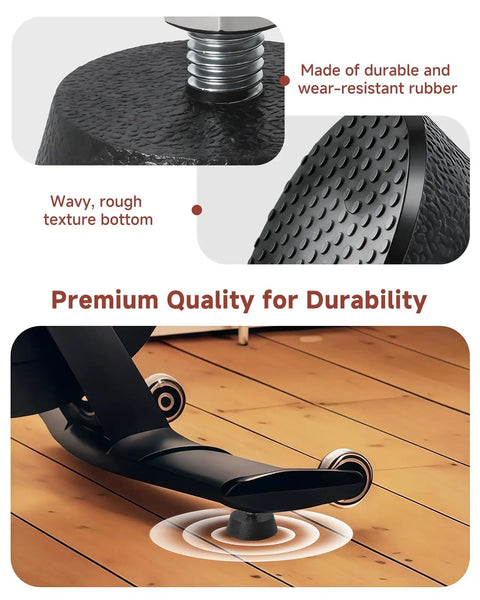 Heavy Duty Spin Bike Leveling Foot Pads 4 Pack with rubber swivel base, stainless steel screw, textured bottom for shock absorption.