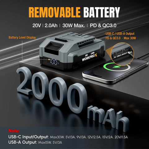 20V Brushless Cordless Oscillating Multi Tool Kit With Quick Change Accessories, Variable Speed Control, Lightweight Design, Long Battery Life For Cutting, Sanding, Grinding, Trimming And Detail Work For Diyers On The Job. 20V 2.0Ah removable battery with USB-C and USB-A output
