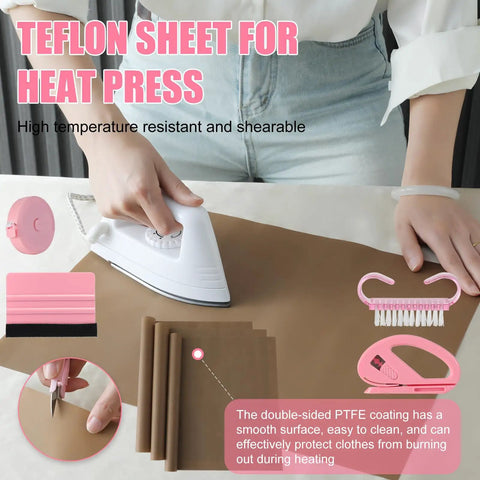 Person using Teflon sheet from Pink Sublimation Shirt Tool Kit With 8 T Shirt Rulers 3 Pack Teflon Sheets 12 By 16 Inch Heat Resistant Gloves