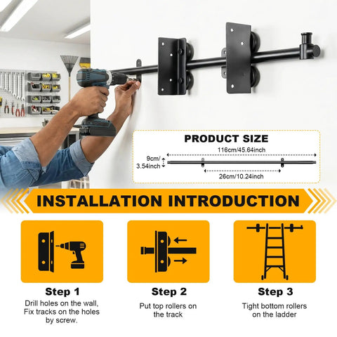 Installation of Top Shelf Carbon Steel Sliding Library Ladder Track Kit 20FT Long with detailed steps and product size on the wall.