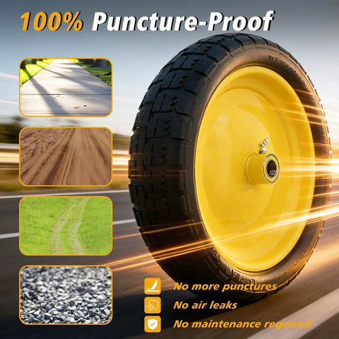 13 Inch No Flat Ever 4.00 By 6 Tire And Wheel Replacement For Gorilla Cart with yellow wheel and rugged tread