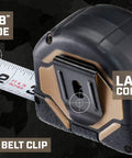 25 Foot Tape Measure With Double Sided 1 Inch Blade Military Grade Composite Case close-up showing belt clip and lanyard slot