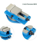 Beefy 3 Inch Precision Mill Vise With 360 Degree Swivel Base For CNC Milling Machines, Heavy Duty Milling Vise Fits Machining Centers, Durable Cast Iron Body With Steel Jaw, 3.2 Inch Jaw Opening, blue vise top view