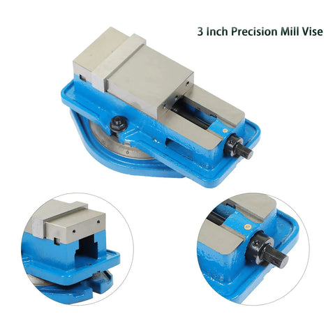 Beefy 3 Inch Precision Mill Vise With 360 Degree Swivel Base For CNC Milling Machines, Heavy Duty Milling Vise Fits Machining Centers, Durable Cast Iron Body With Steel Jaw, 3.2 Inch Jaw Opening, blue vise top view