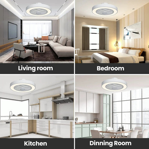 Cool White Ceiling Fan With Light, 20 Inch Low Profile Flush Mount With Remote Control, shown in living room, bedroom, kitchen, dining room
