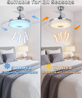 Retractable 42 Inch Ceiling Fan With Light And Bluetooth Speaker showing summer and winter use over a bed