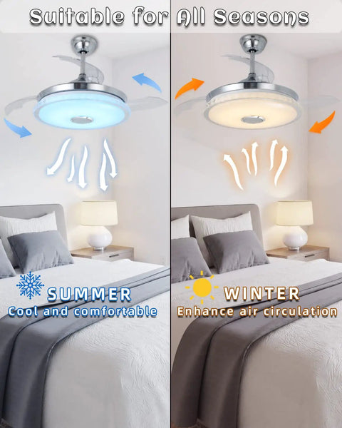 Retractable 42 Inch Ceiling Fan With Light And Bluetooth Speaker showing summer and winter use over a bed