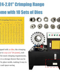 No Hassle Electric Hydraulic Hose Crimping Machine With 10 Die Set For 0.24 To 2.01 Inch Fittings, showing 10 dies and crimping table.