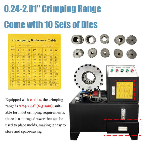 No Hassle Electric Hydraulic Hose Crimping Machine With 10 Die Set For 0.24 To 2.01 Inch Fittings, showing 10 dies and crimping table.