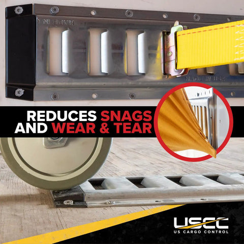 E Track End Caps 4 Pack For Horizontal E Track Rails Durable Black Plastic End Protector Caps For Trailer Tie Down Rails In Enclosed Trailers And Cargo Vans Easy Install With Pre Drilled Holes, shown on E track rail