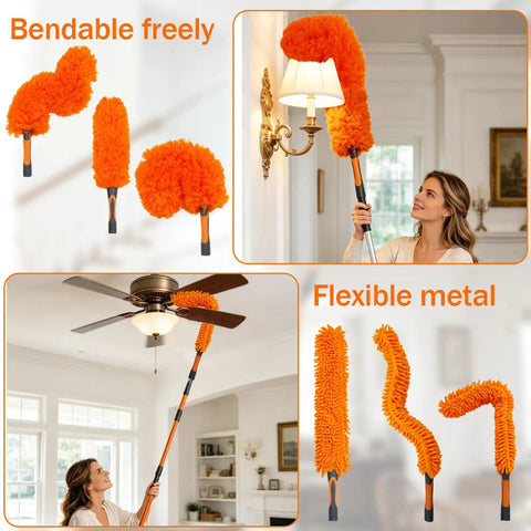 All In One High Ceiling Duster Replacement Heads Kit Fits Standard Threaded Poles With Swivel Joint For Easy Dusting Cobweb Cleaner Ceiling Fan Dust Brush Window Squeegee Microfiber Feather Duster Head No Fuss Quick Change Design, orange bendable microfiber duster heads
