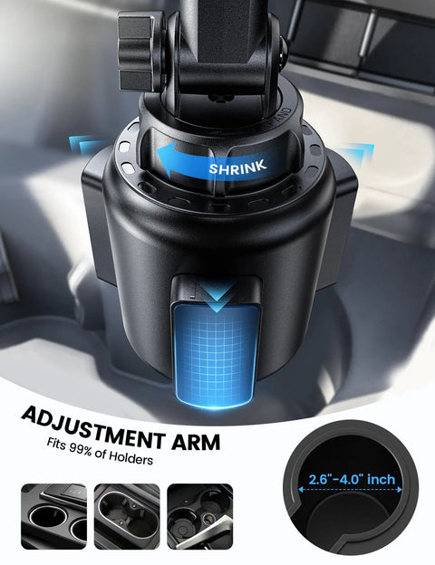 Close-up of adjustable base on Cup Holder Phone Mount For Car Universal Fit 4 To 7 Inch Phones Easy One Second Install Thick Case