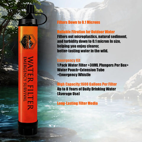 Ultralight Survival Water Filter Straw with Emergency Whistle near waterfall, text on features and capacity, camping and hiking use