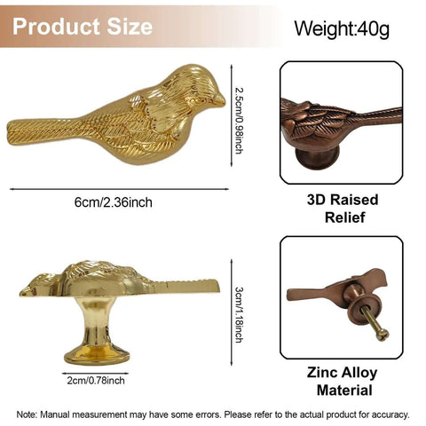 Must Have Bird Shaped Cabinet Knobs Set of 2, Vintage Metal Drawer Pulls, Gold Zinc Alloy, dimensions and details shown