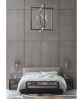 Bedroom with modern chandelier and wall lanterns on wooden panel wall, featuring Union Square Collection 1-Light Outdoor Wall Lantern.