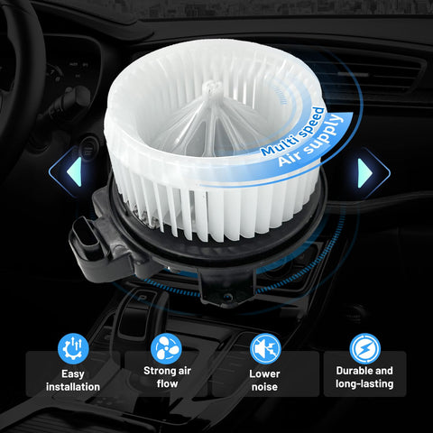 Durable Drop In Ready AC Heater Blower Motor Fan Assembly For Toyota Corolla And Prius Fits 2009 2019 Corolla 2010 2015 Prius And 2012 2017 Prius V Auto AC Without Sunroof displayed with airflow indicators and features