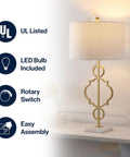 Gold Modern Quatrefoil LED Table Lamp With Marble Base And Linen Drum Shade For Living Room Or Bedroom Vibe Cozy